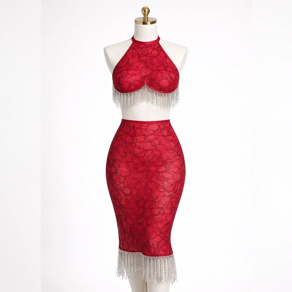 Dreamgirl | Red Lace Rhinestone Fringe Two-Piece Set | Halter Top | Midi Skirt